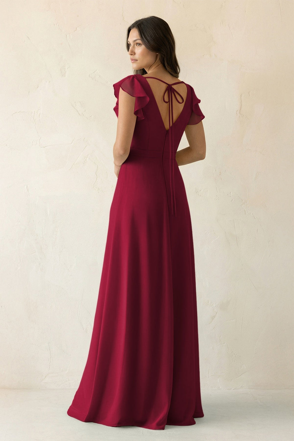 V-Neck Ruffled A-Line Chiffon Bridesmaid Dress in Berry