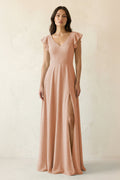 V-Neck Ruffled A-Line Chiffon Bridesmaid Dress in Champagne Rose