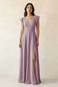 V-Neck Ruffled A-Line Chiffon Bridesmaid Dress in Dusk