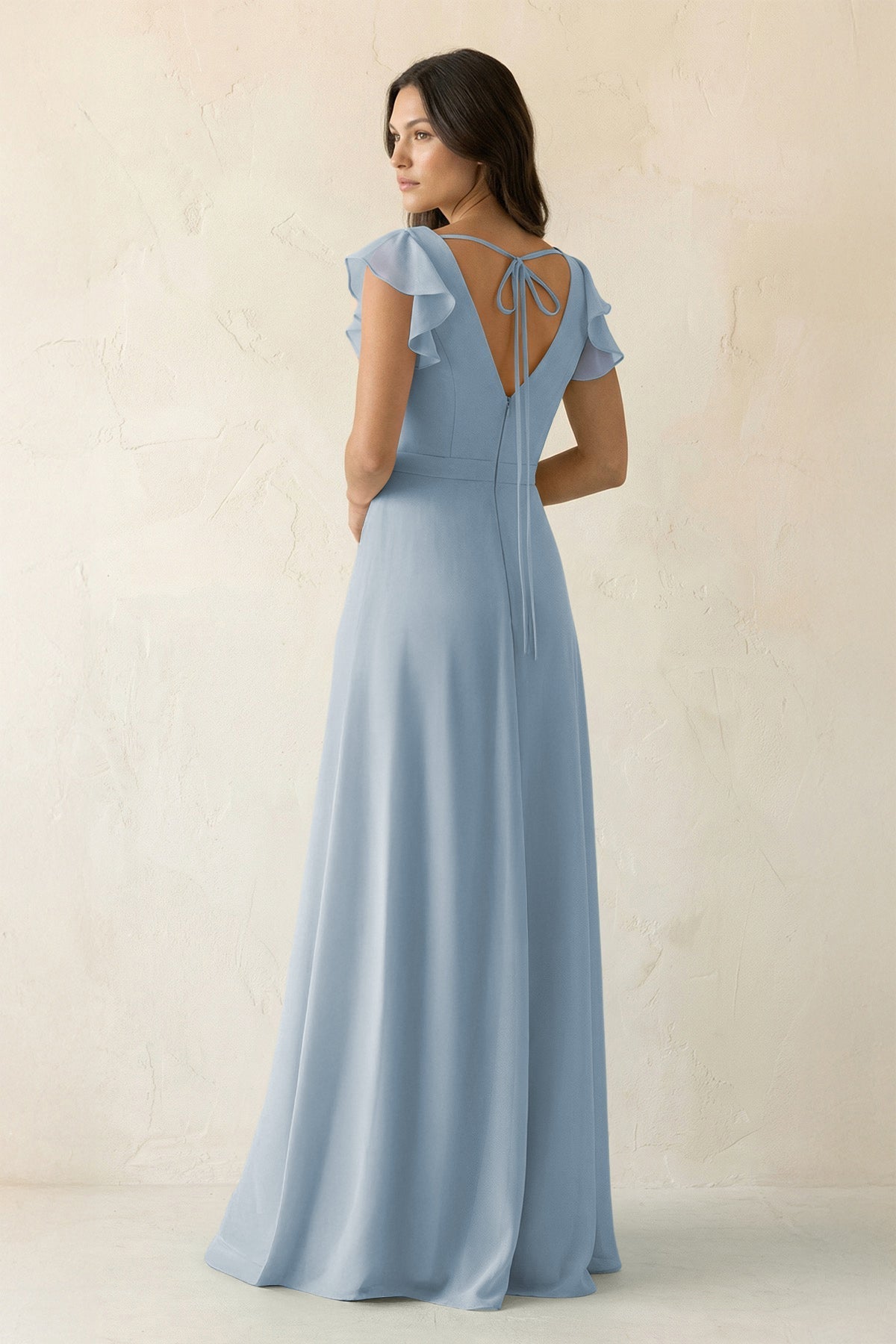 V-Neck Ruffled A-Line Chiffon Bridesmaid Dress in Dusty Blue