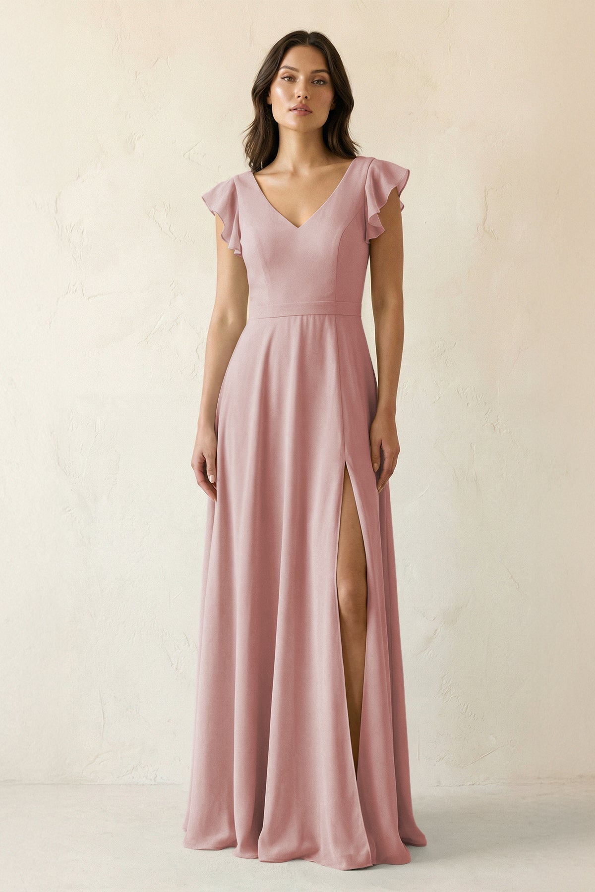 V-Neck Ruffled A-Line Chiffon Bridesmaid Dress in Dusty Rose