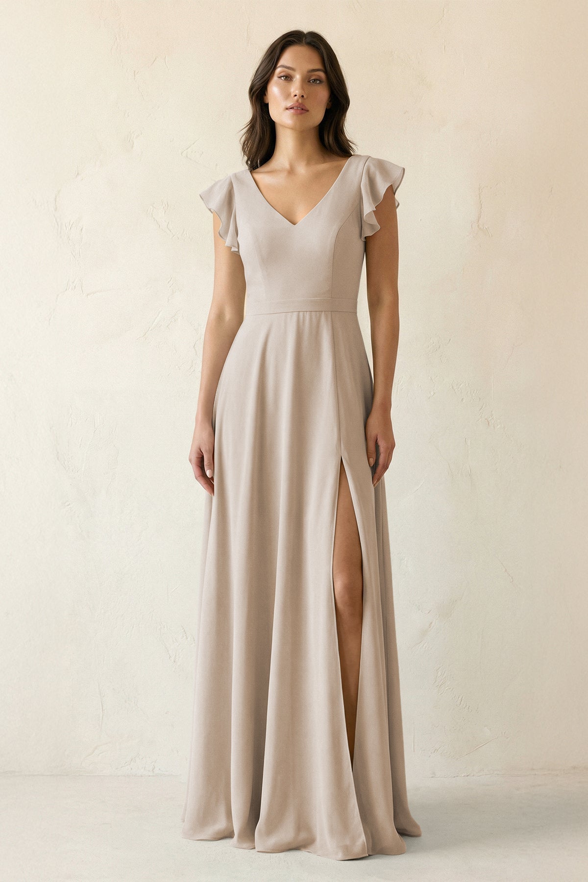 V-Neck Ruffled A-Line Chiffon Bridesmaid Dress in Frost