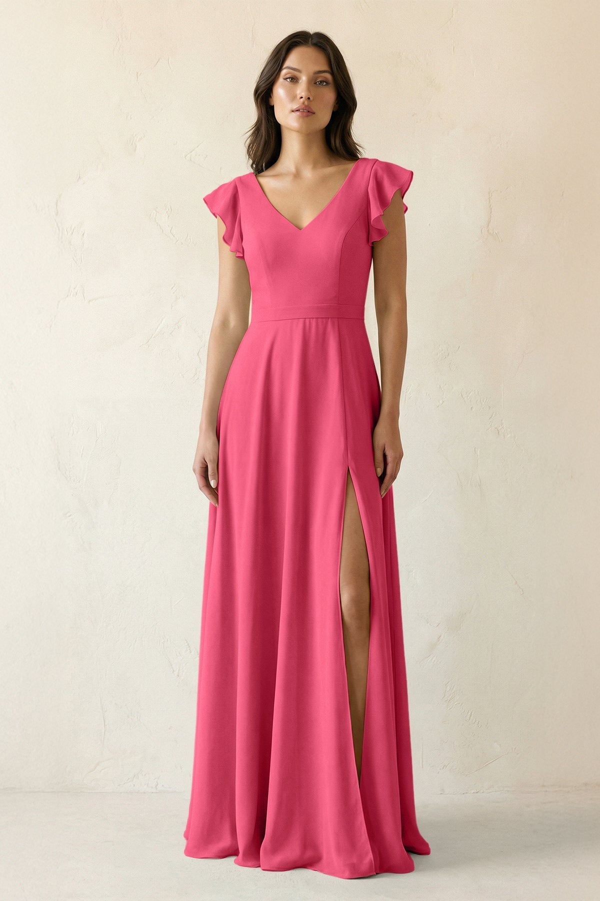 V-Neck Ruffled A-Line Chiffon Bridesmaid Dress in Fuchsia