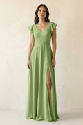 V-Neck Ruffled A-Line Chiffon Bridesmaid Dress in Matcha