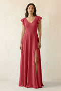 V-Neck Ruffled A-Line Chiffon Bridesmaid Dress in Merlot