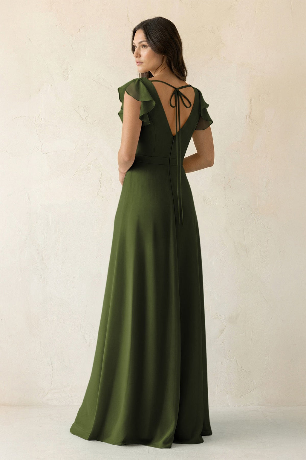 V-Neck Ruffled A-Line Chiffon Bridesmaid Dress in Olive