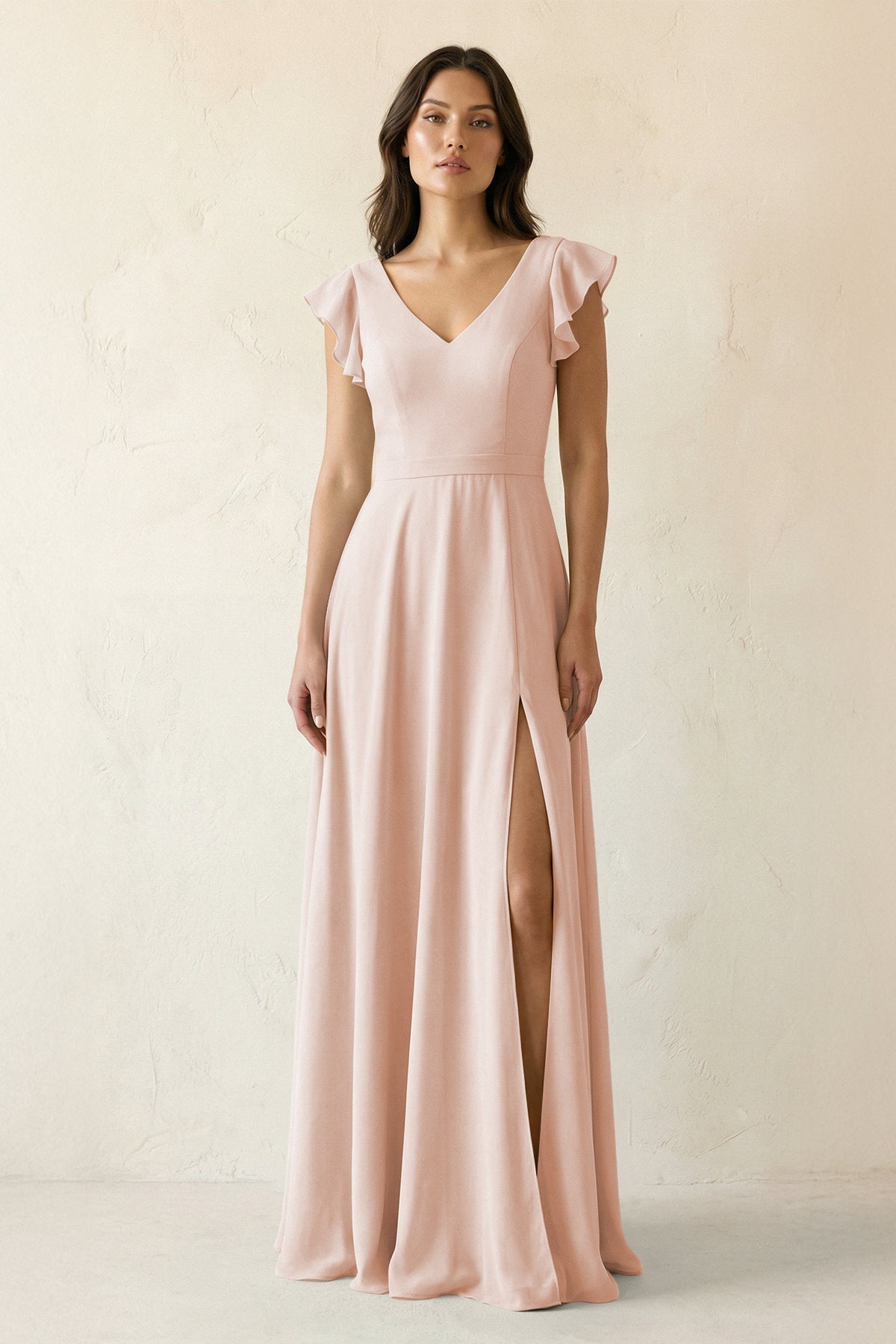 V-Neck Ruffled A-Line Chiffon Bridesmaid Dress in Pale Blush