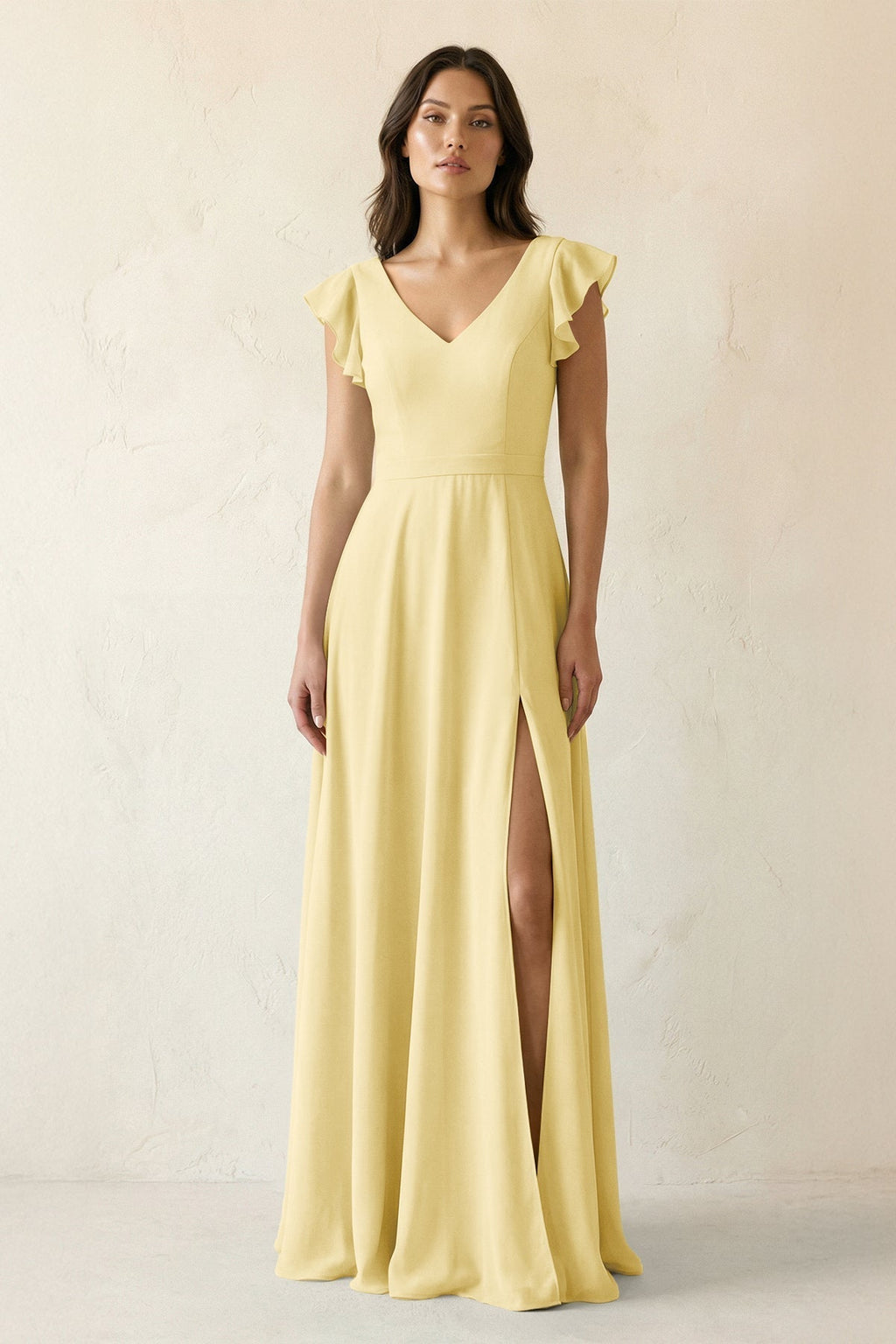 V-Neck Ruffled A-Line Chiffon Bridesmaid Dress in Pastel Yellow