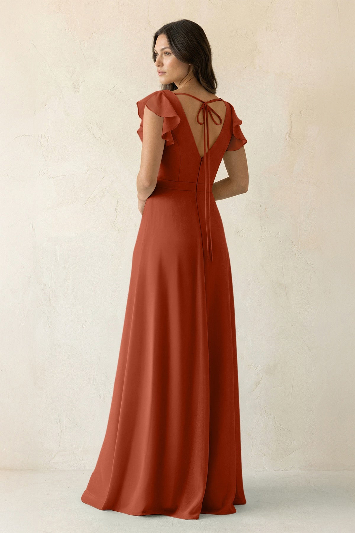 V-Neck Ruffled A-Line Chiffon Bridesmaid Dress in Spice