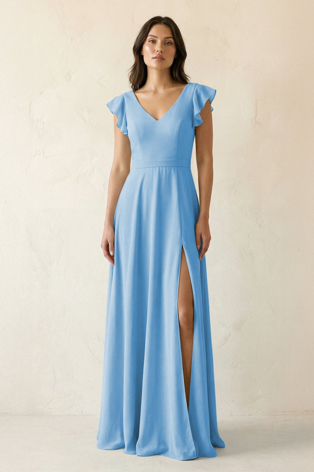 V-Neck Ruffled A-Line Chiffon Bridesmaid Dress in Steel Blue