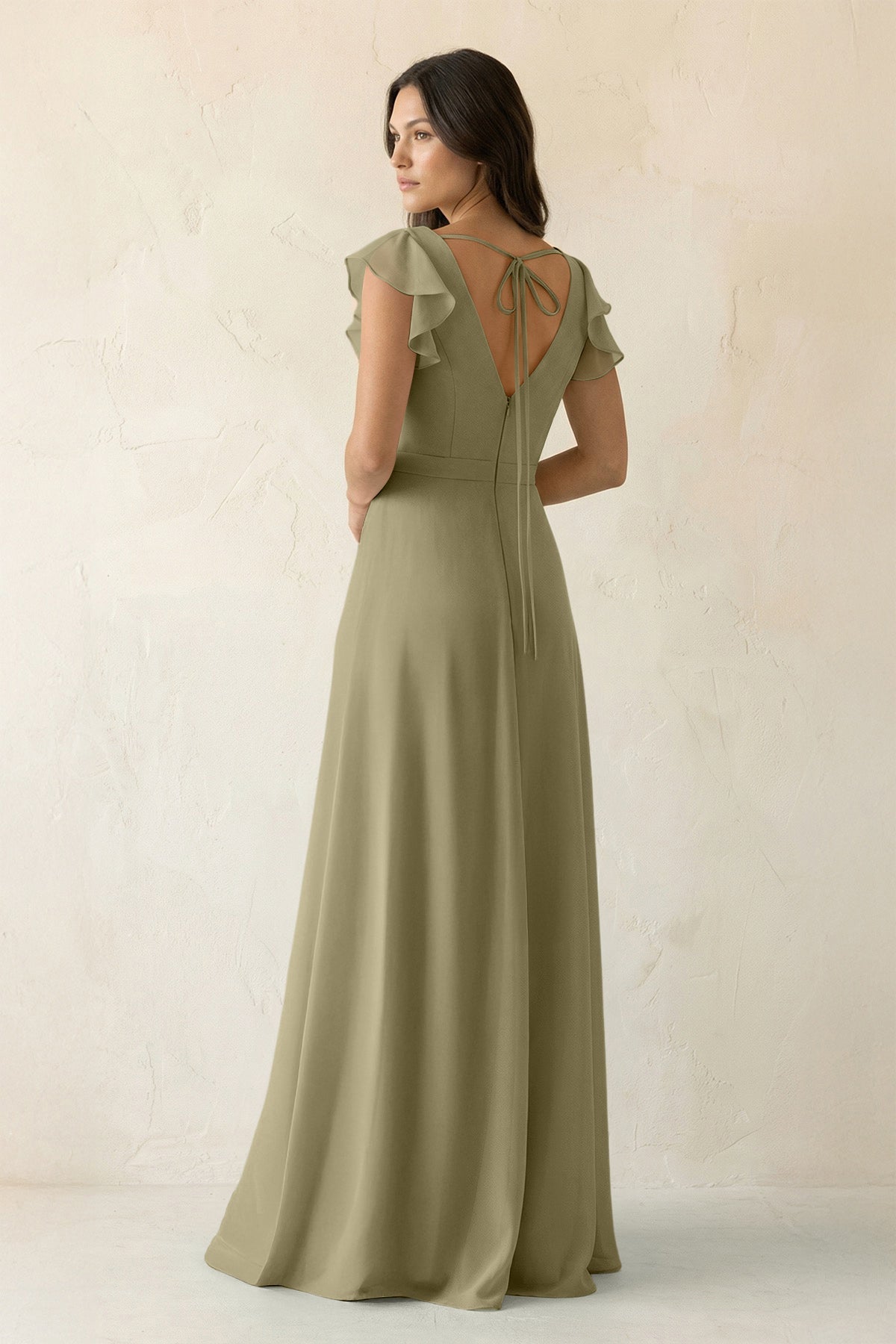 V-Neck Ruffled A-Line Chiffon Bridesmaid Dress in Thyme