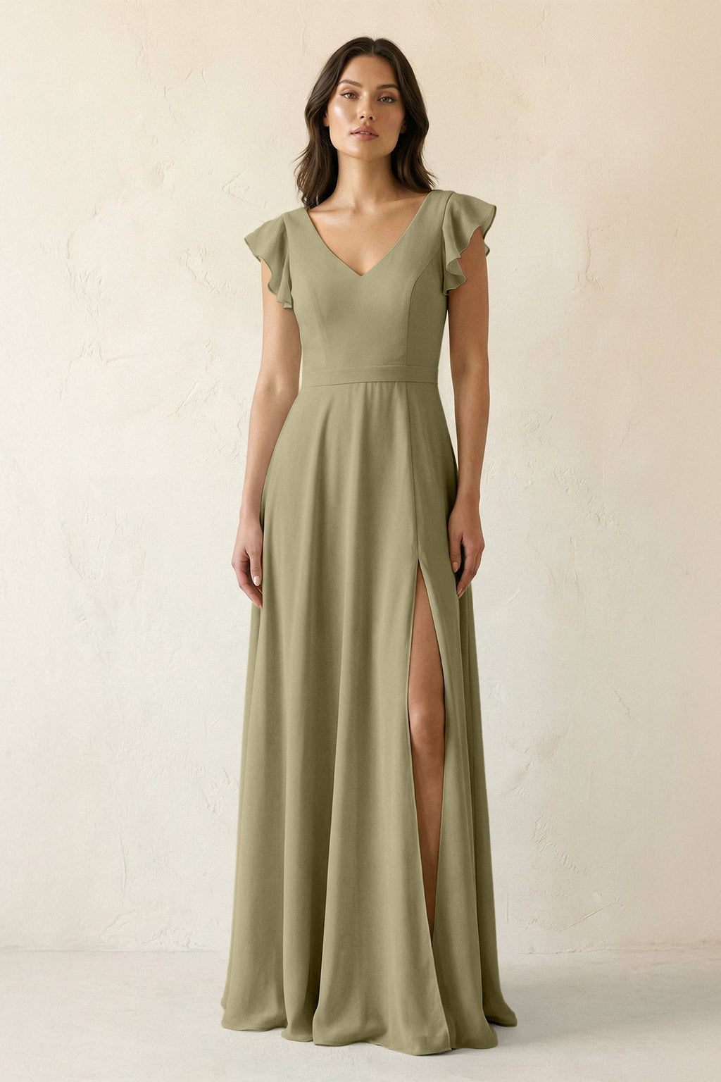 V-Neck Ruffled A-Line Chiffon Bridesmaid Dress in Thyme