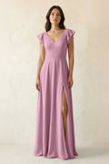 V-Neck Ruffled A-Line Chiffon Bridesmaid Dress in Vintage Mauve