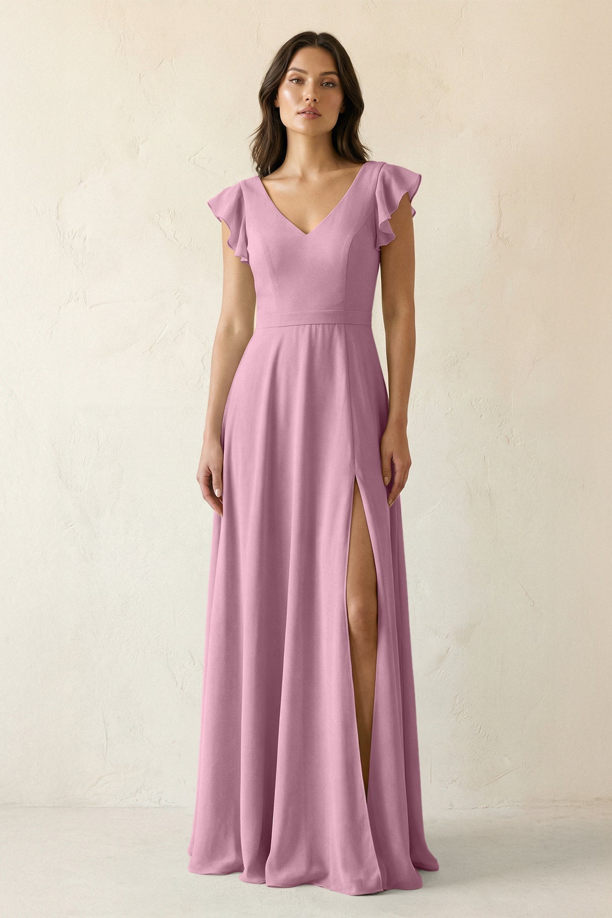 V-Neck Ruffled A-Line Chiffon Bridesmaid Dress in Vintage Mauve