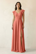V-Neck Ruffled A-Line Chiffon Bridesmaid Dress in Wild Rose