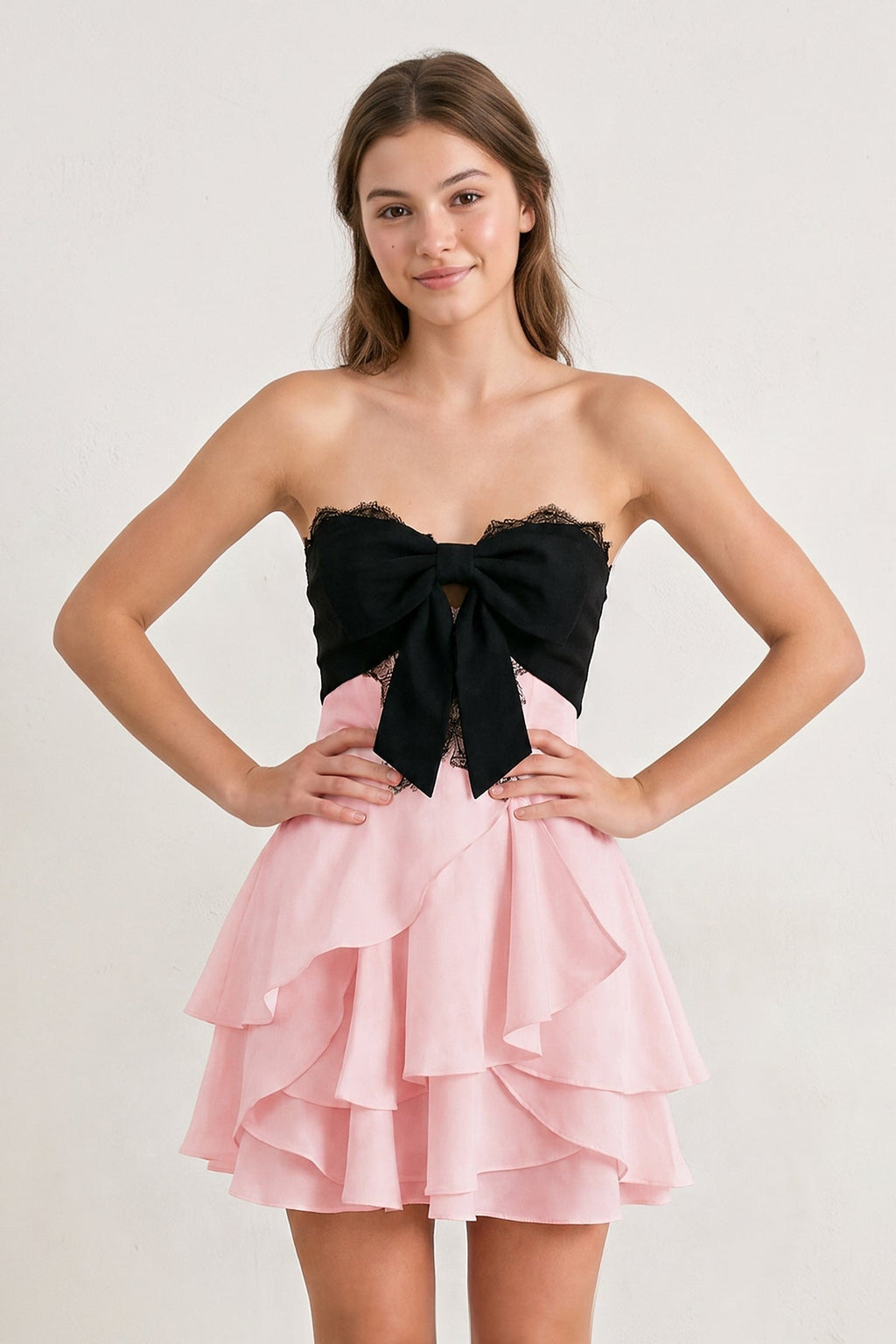 White Black Sweetheart A-Line Ruffled Chiffon Homecoming Dress with Bow