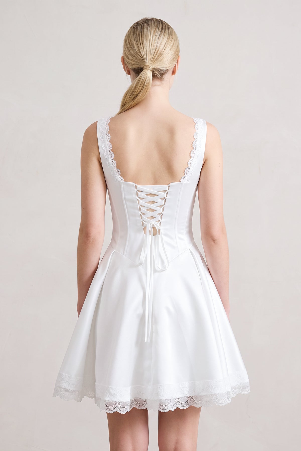 White Scoop Neck Lace Ruched A-Line Satin Homecoming Dress