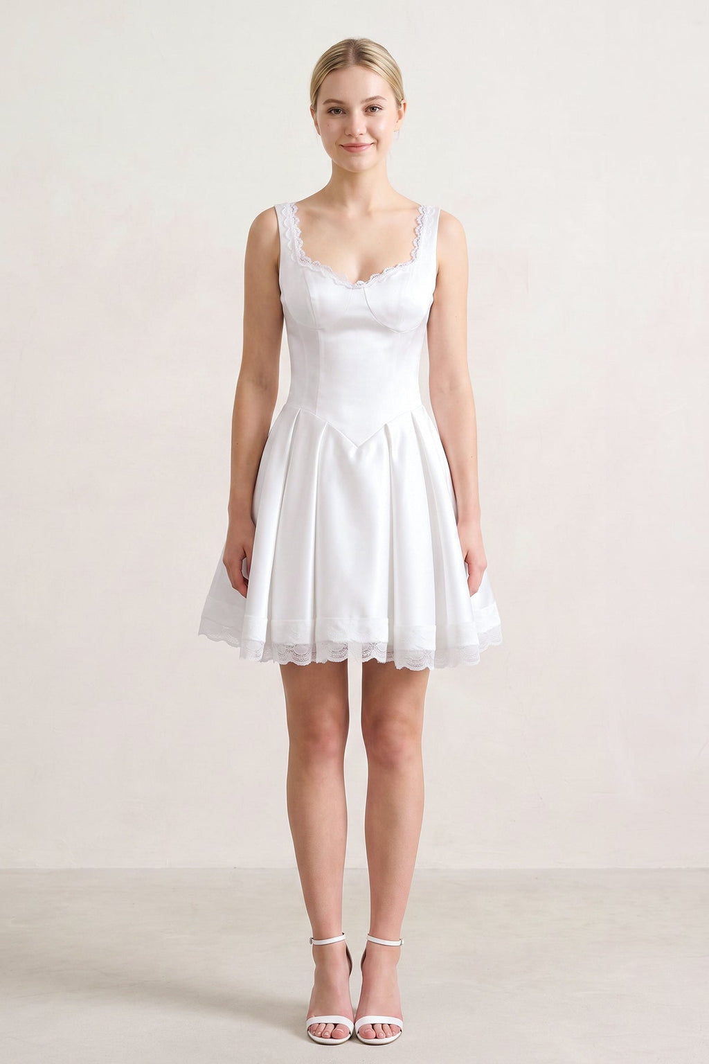 White Scoop Neck Lace Ruched A-Line Satin Homecoming Dress