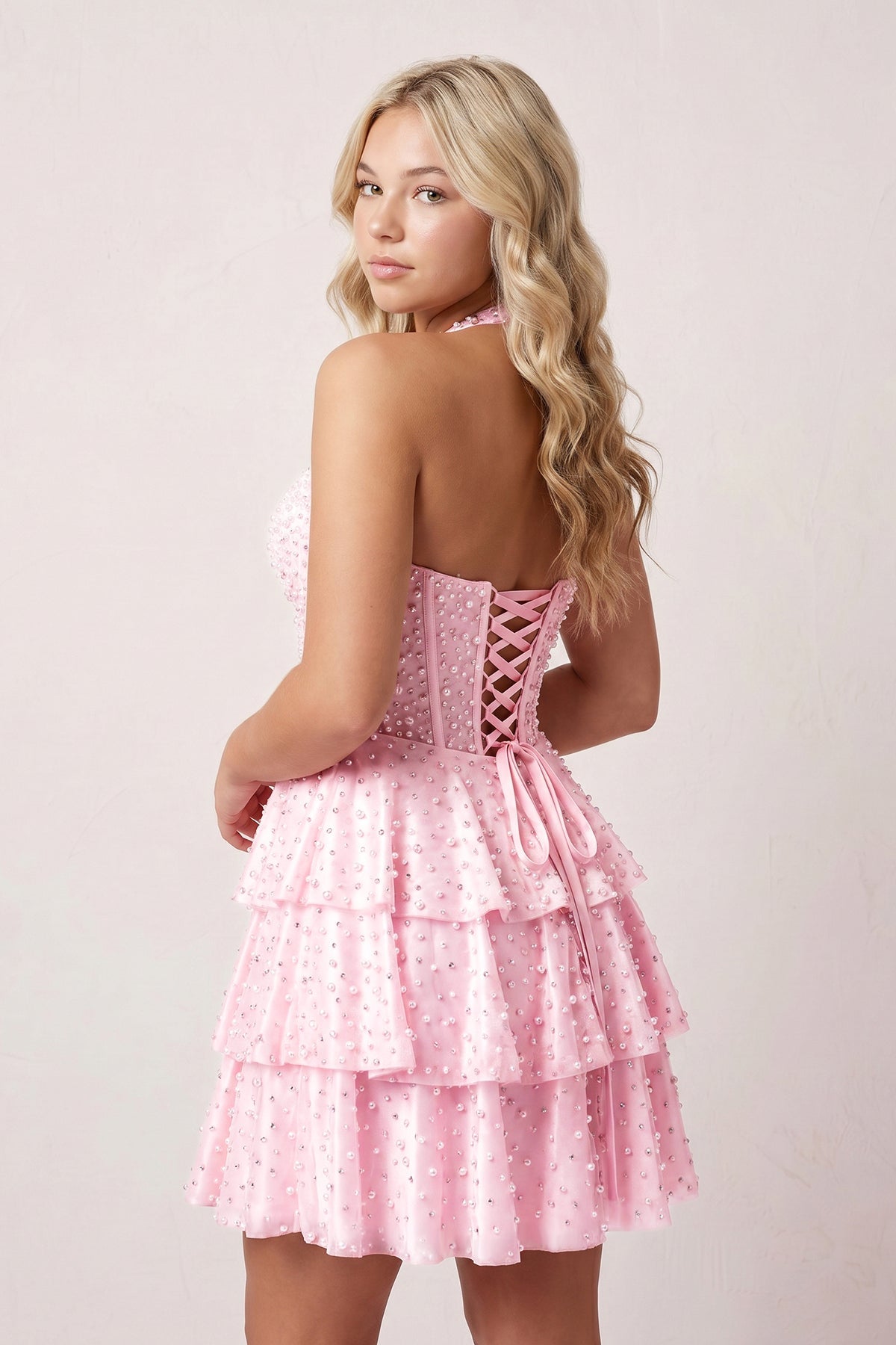 Yellow Halter Tiered Satin A-Line Corset Homecoming Dress With Pearl