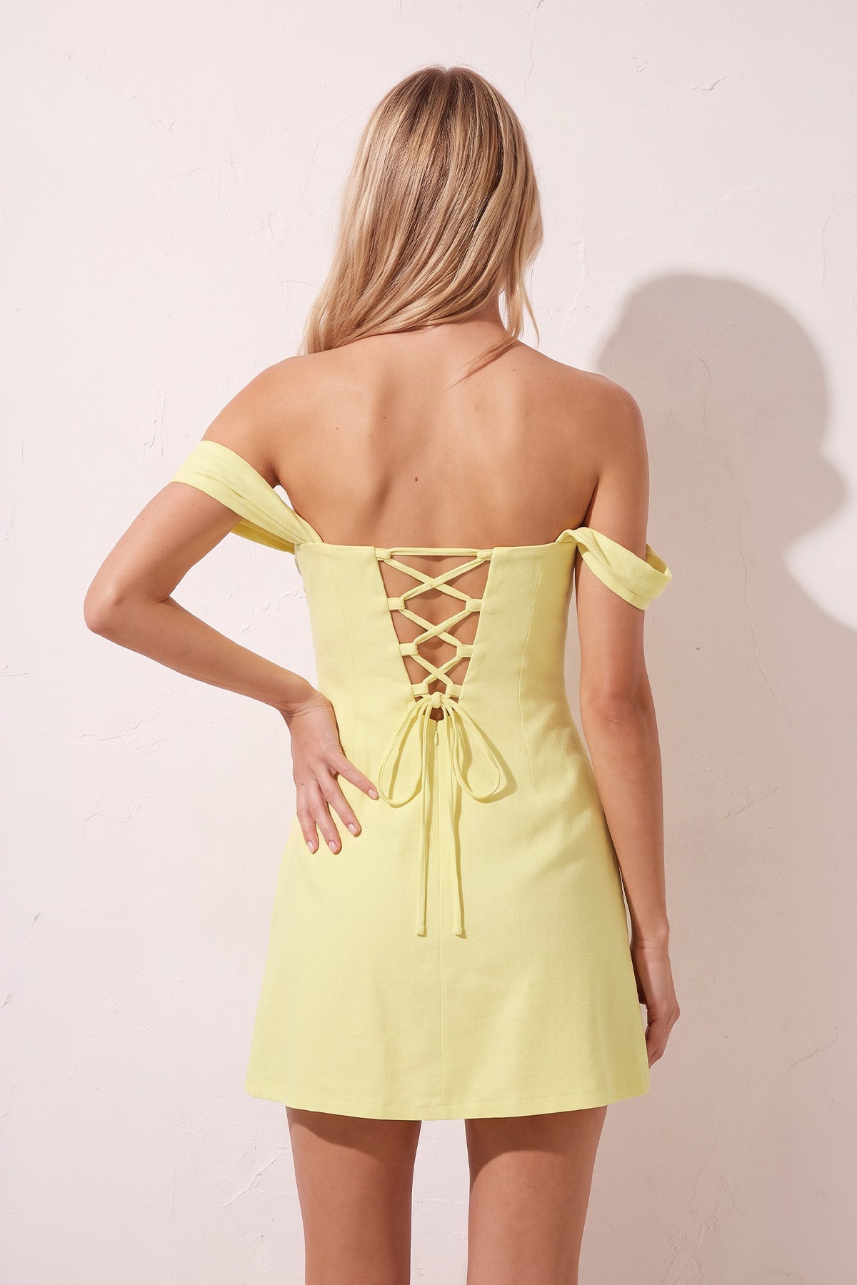 Yellow Off the Shoulder Linen Sheath Homecoming Dress with Lace Up Back