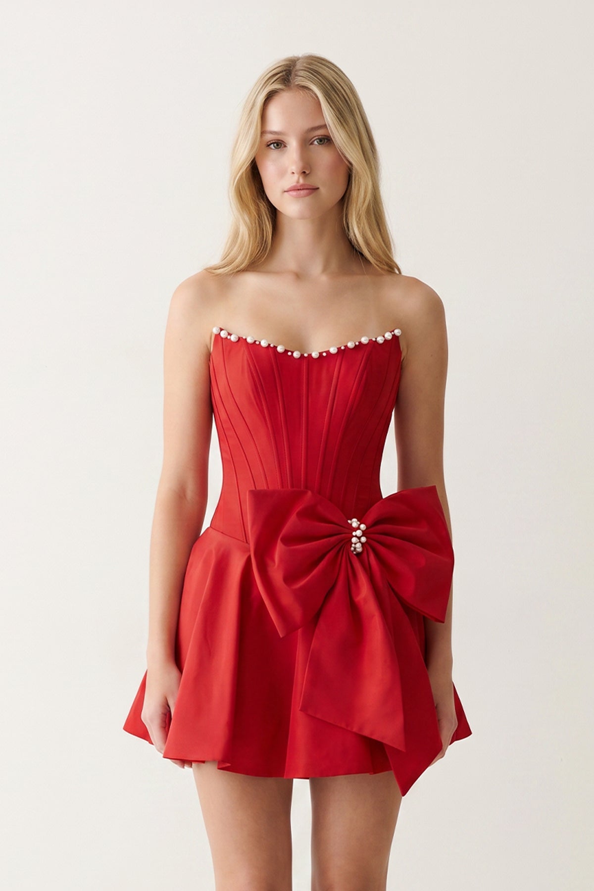 Yellow Satin Strapless A-Line Corset Pearl Homecoming Dress With Bowknot